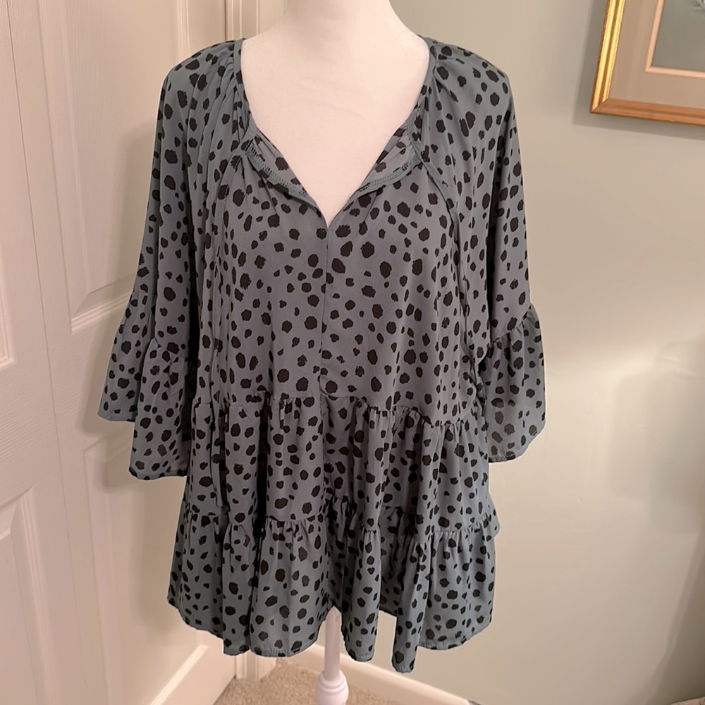 Size XL sage green tiered top with dot print.